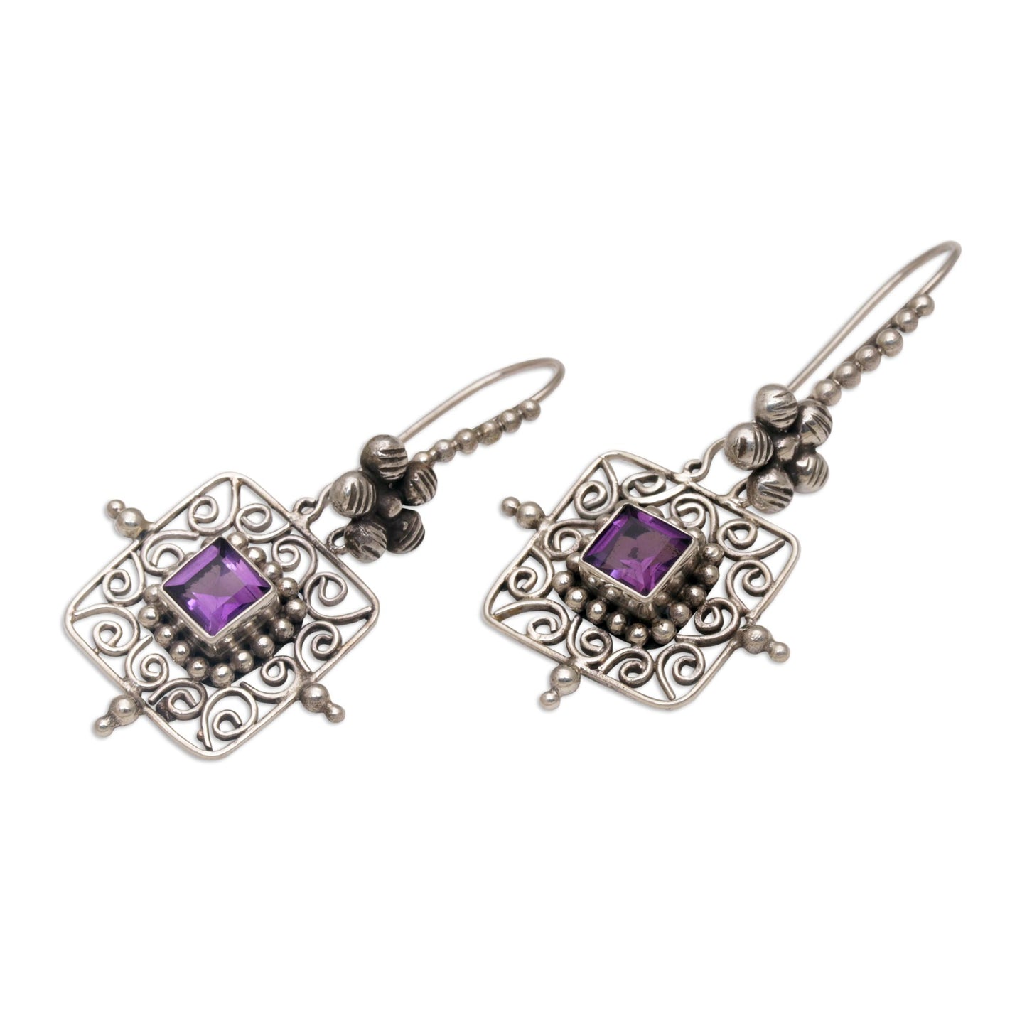 Floral Squares Floral Amethyst and Silver Dangle Earrings from Bali