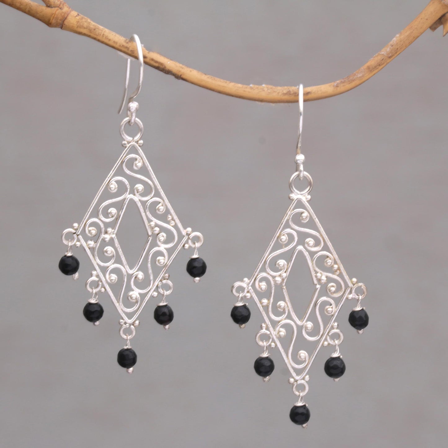 Temple Shower Handcrafted Diamond-Shaped Onyx Dangle Earrings from Bali