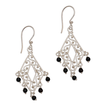 Temple Shower Handcrafted Diamond-Shaped Onyx Dangle Earrings from Bali