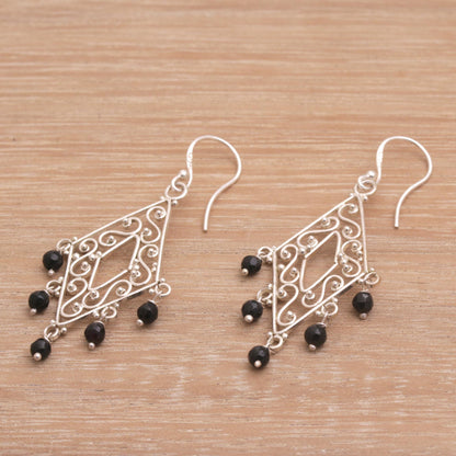 Temple Shower Handcrafted Diamond-Shaped Onyx Dangle Earrings from Bali