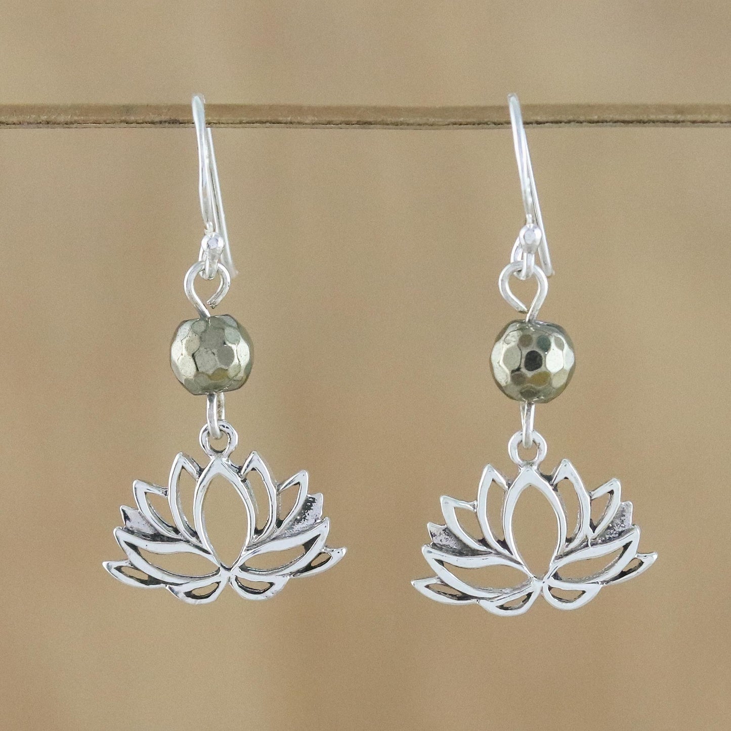 Lotus Gleam Pyrite and Sterling Silver Lotus Dangle Earrings