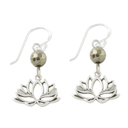 Lotus Gleam Pyrite and Sterling Silver Lotus Dangle Earrings