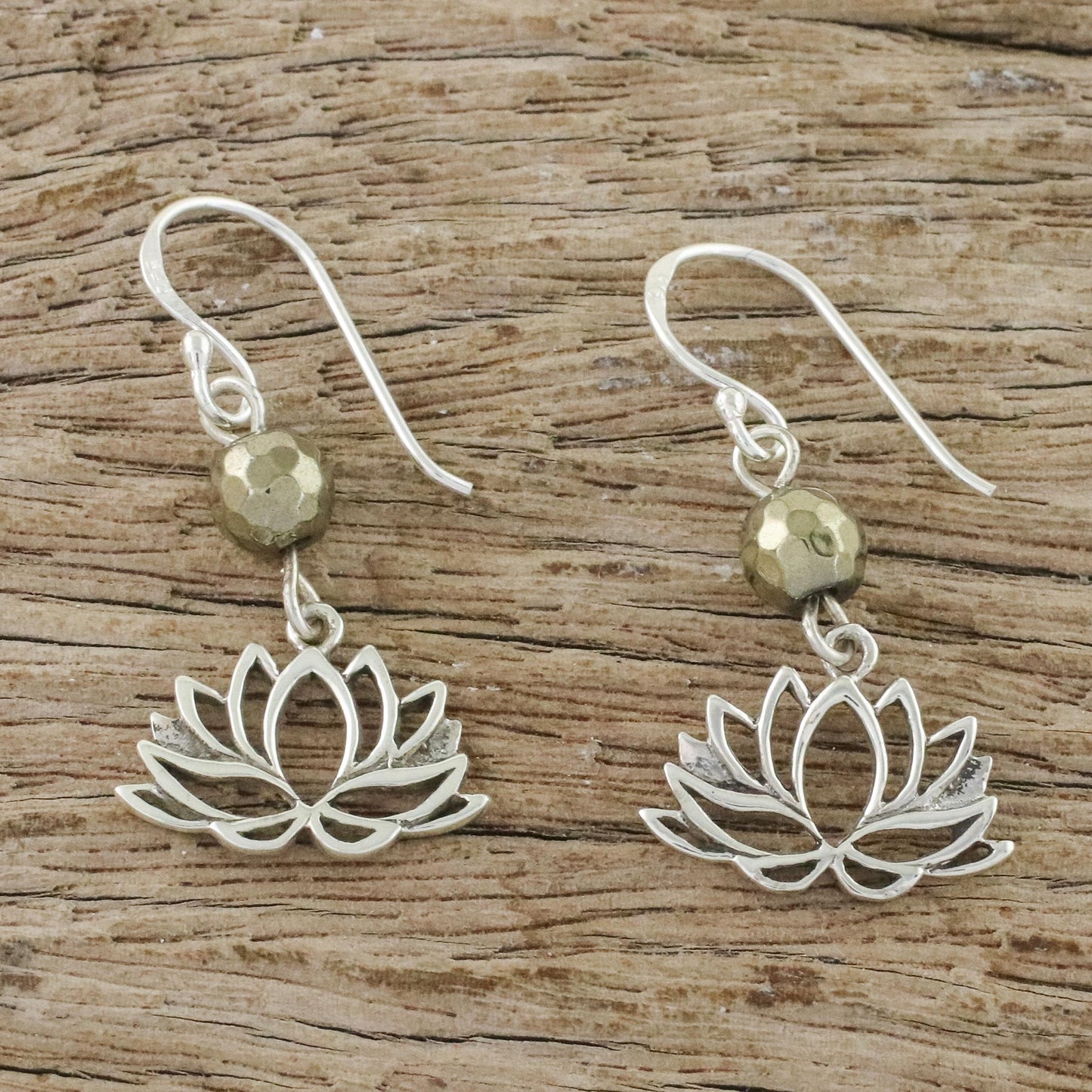 Lotus Gleam Pyrite and Sterling Silver Lotus Dangle Earrings