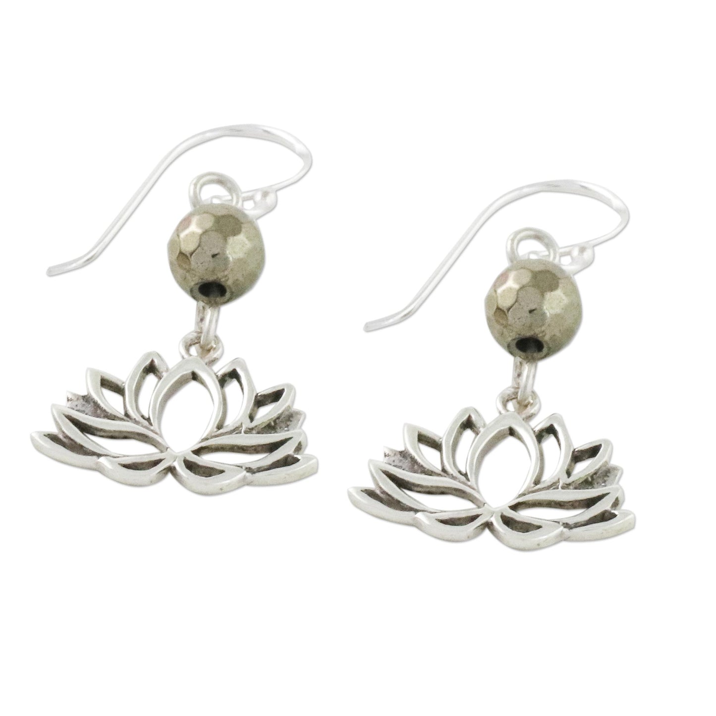 Lotus Gleam Pyrite and Sterling Silver Lotus Dangle Earrings