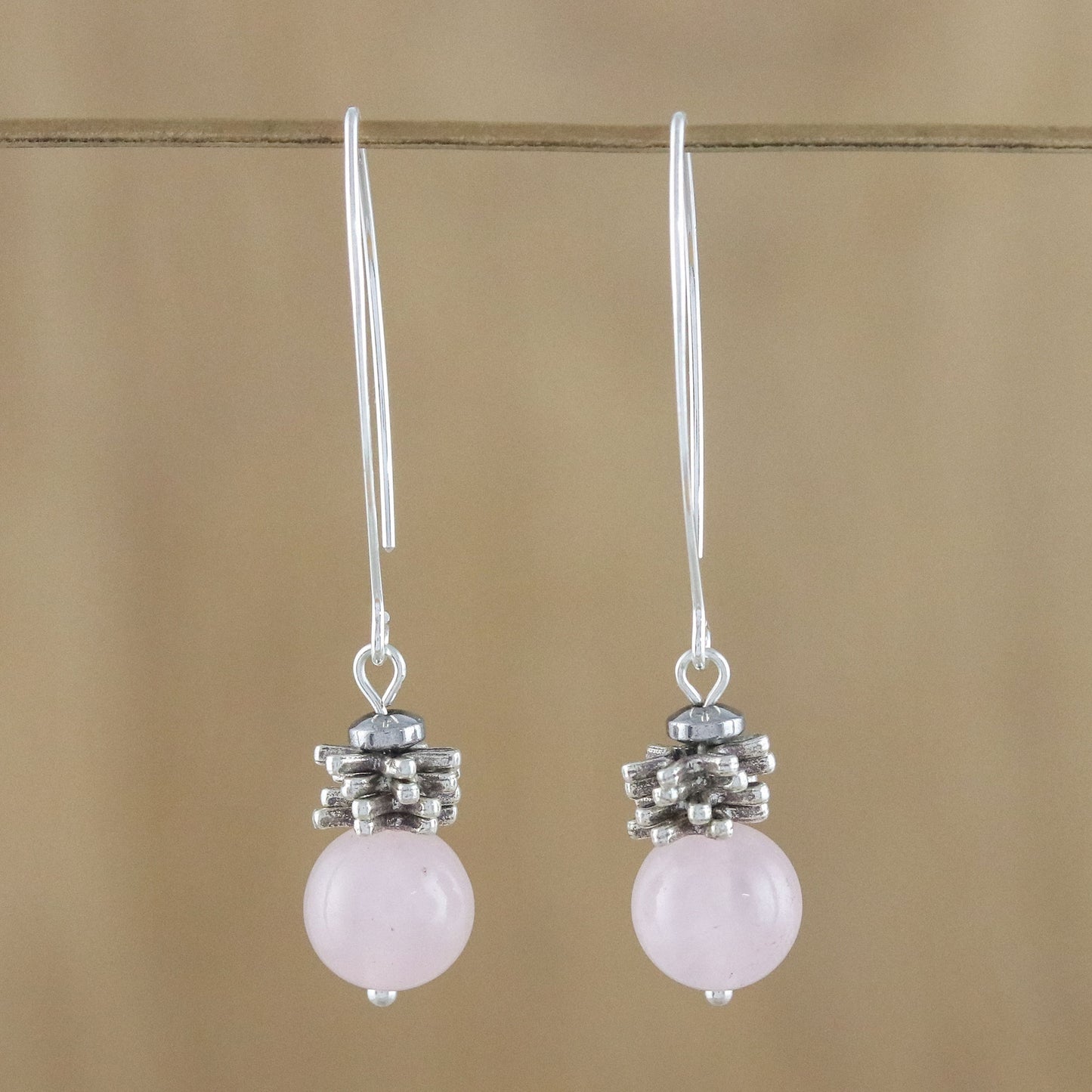 Spring Rose Handcrafted Rose Quartz and Karen Silver Dangle Earrings