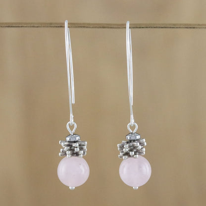 Spring Rose Handcrafted Rose Quartz and Karen Silver Dangle Earrings