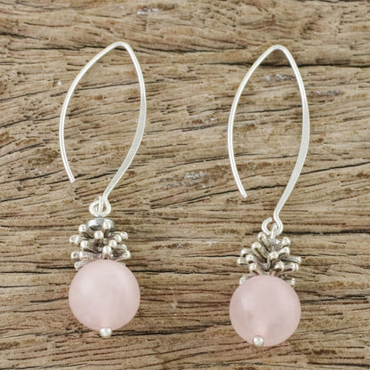 Spring Rose Handcrafted Rose Quartz and Karen Silver Dangle Earrings