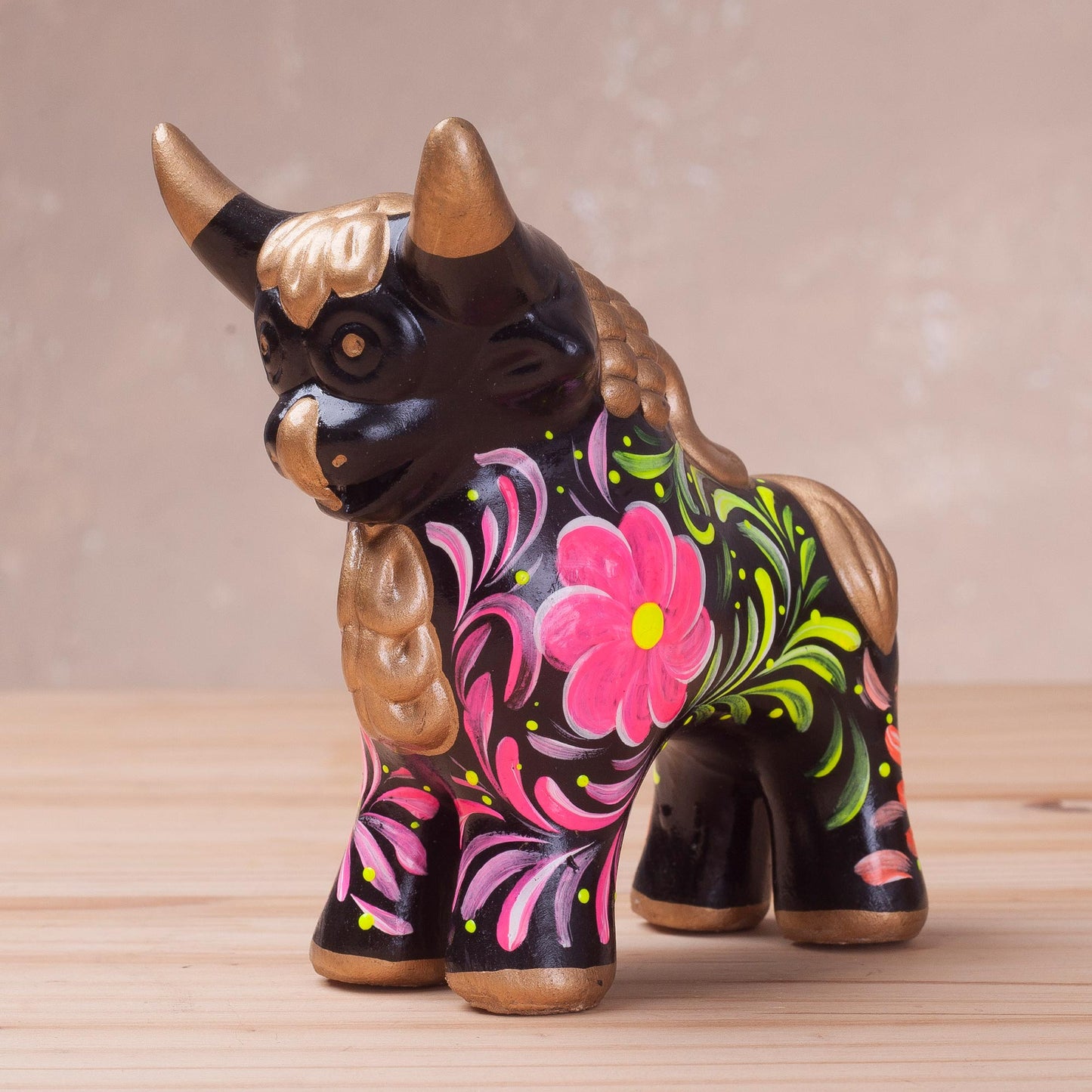 Steadfast Pucara Bull in Black Black Ceramic Bull Sculpture with Floral Designs from Peru