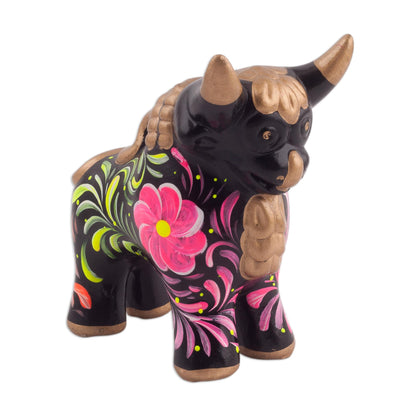 Steadfast Pucara Bull in Black Black Ceramic Bull Sculpture with Floral Designs from Peru