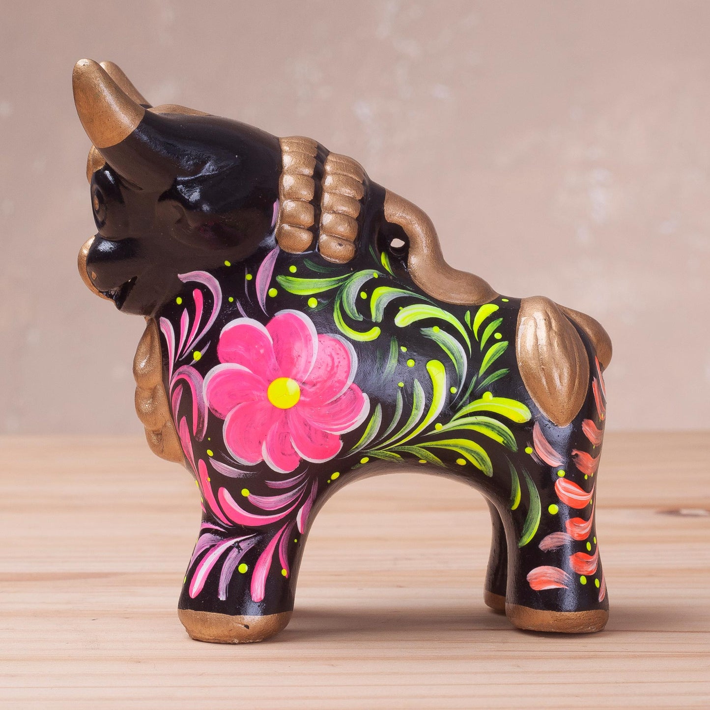 Steadfast Pucara Bull in Black Black Ceramic Bull Sculpture with Floral Designs from Peru