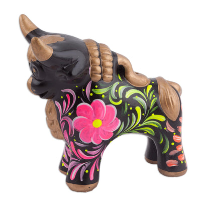 Steadfast Pucara Bull in Black Black Ceramic Bull Sculpture with Floral Designs from Peru