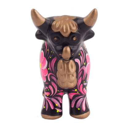 Steadfast Pucara Bull in Black Black Ceramic Bull Sculpture with Floral Designs from Peru