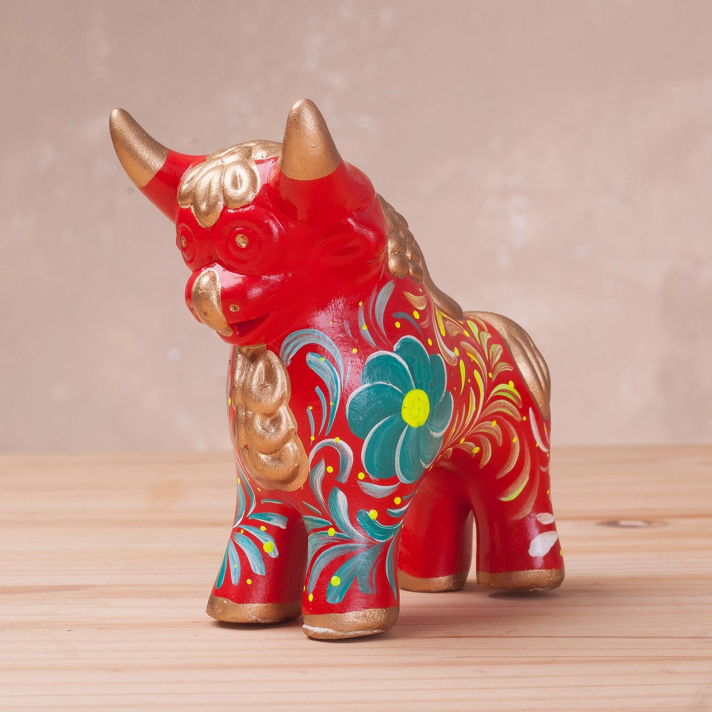 Steadfast Pucara Bull in Red Red Ceramic Bull Sculpture with Floral Designs from Peru