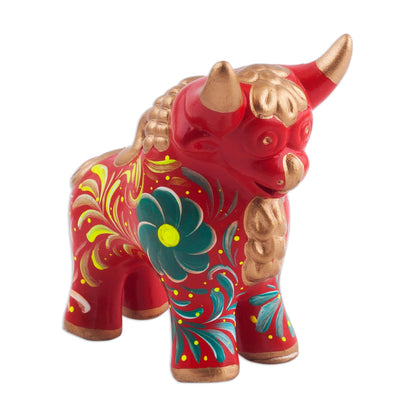 Steadfast Pucara Bull in Red Red Ceramic Bull Sculpture with Floral Designs from Peru