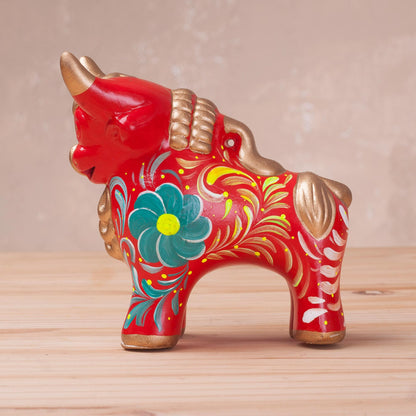 Steadfast Pucara Bull in Red Red Ceramic Bull Sculpture with Floral Designs from Peru