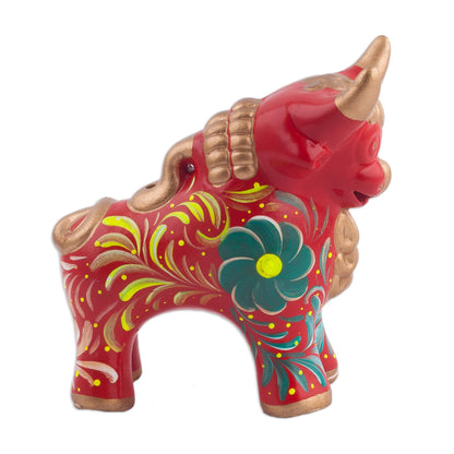 Steadfast Pucara Bull in Red Red Ceramic Bull Sculpture with Floral Designs from Peru