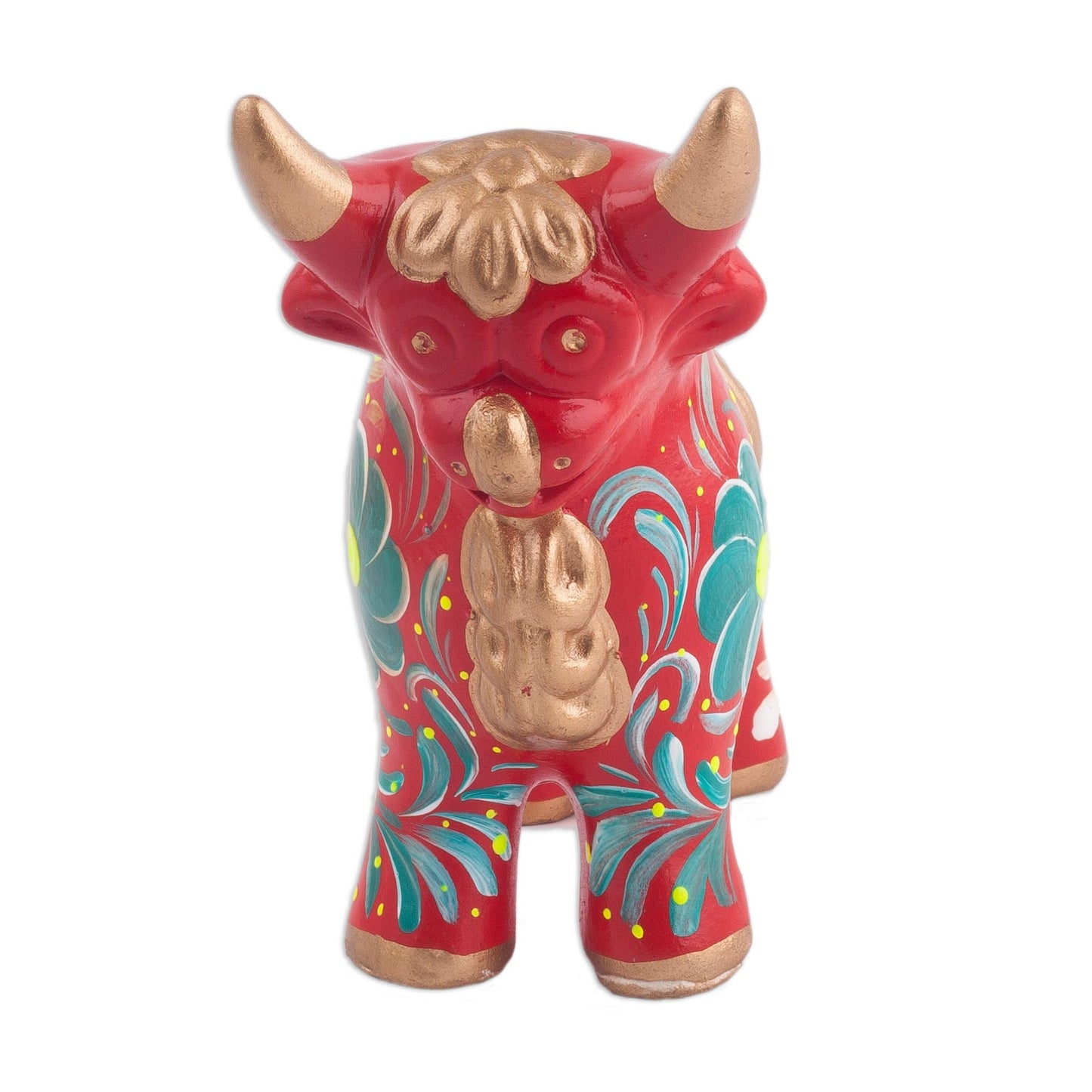 Steadfast Pucara Bull in Red Red Ceramic Bull Sculpture with Floral Designs from Peru