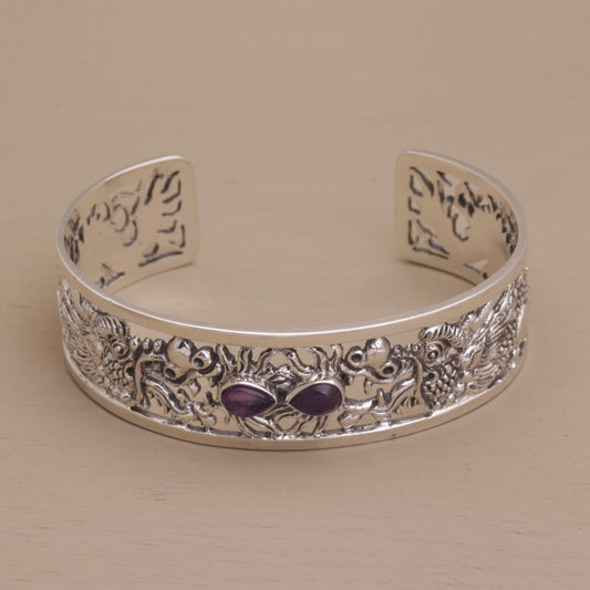 Dragon Duel Dragon Themed Sterling Silver and Amethyst Cuff Bracelet
