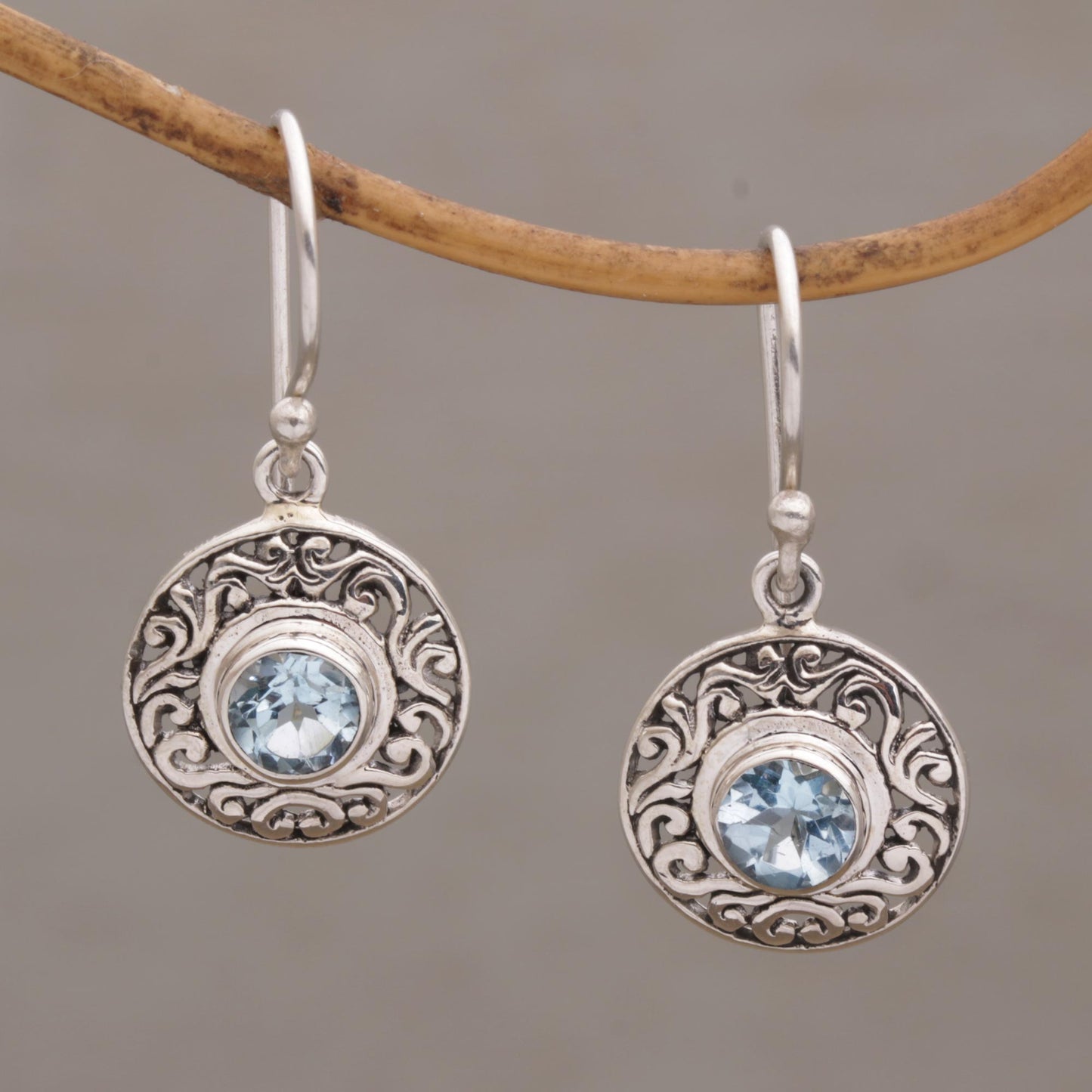 Dainty Shields Round Sterling Silver Earrings with Blue Topaz Gems