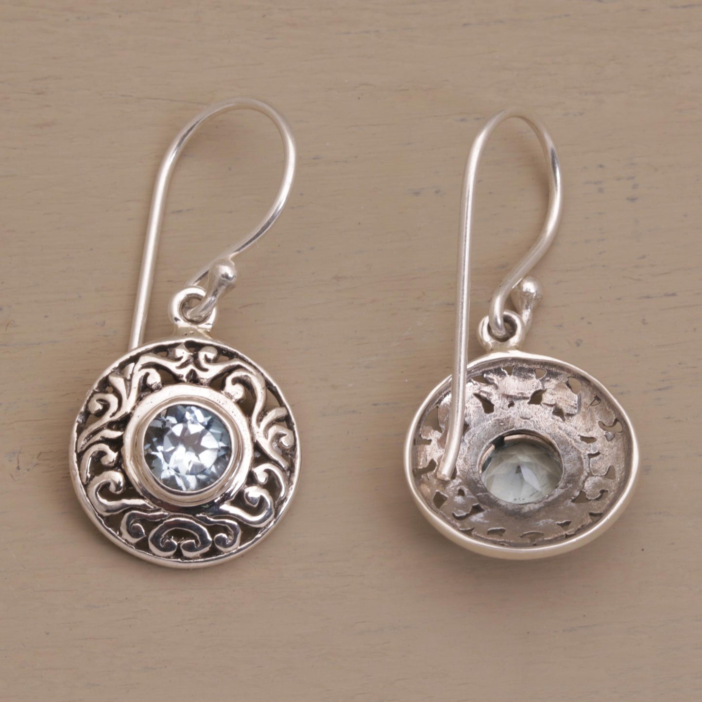 Dainty Shields Round Sterling Silver Earrings with Blue Topaz Gems