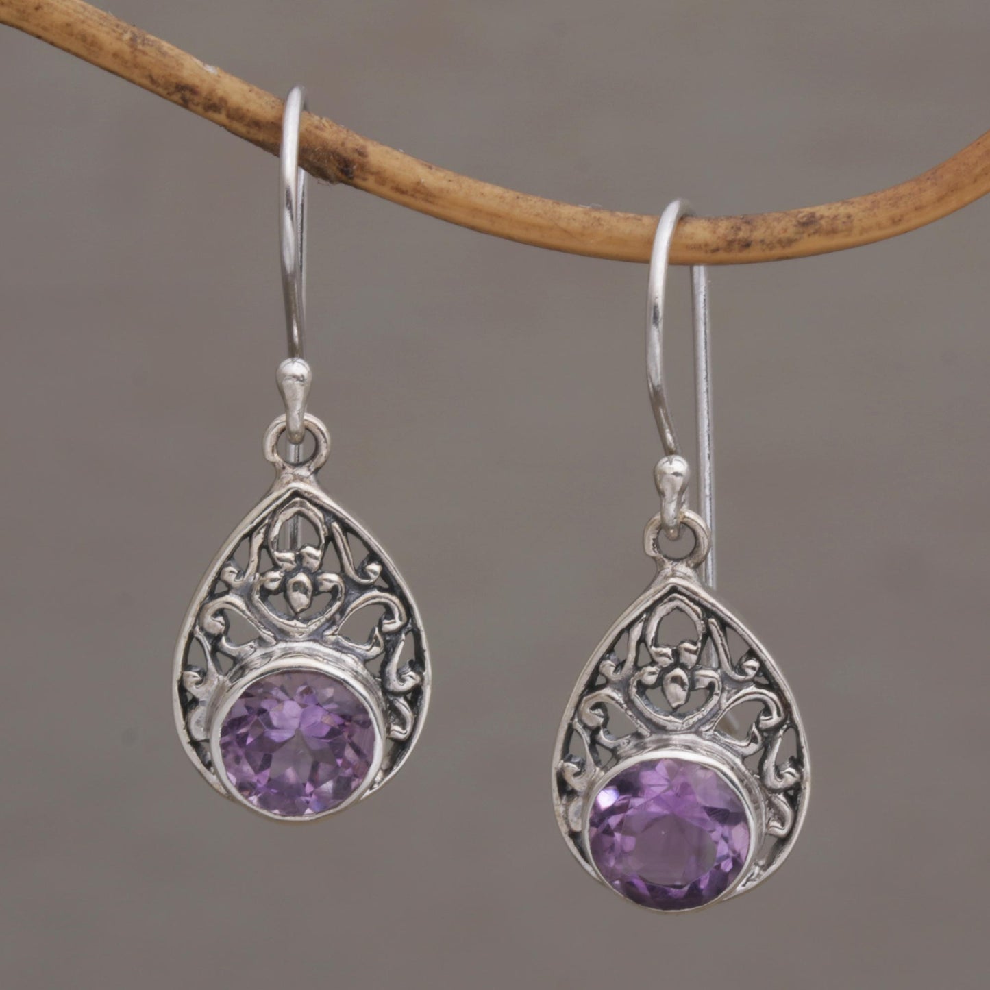 Heavenly Temple Sterling Silver and Amethyst Dangle Earrings