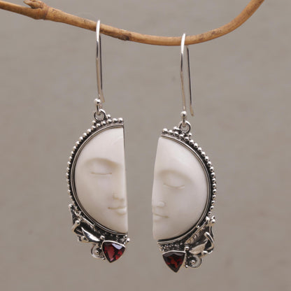 Half of My Soul Garnet Silver & Bone Dangle Earrings