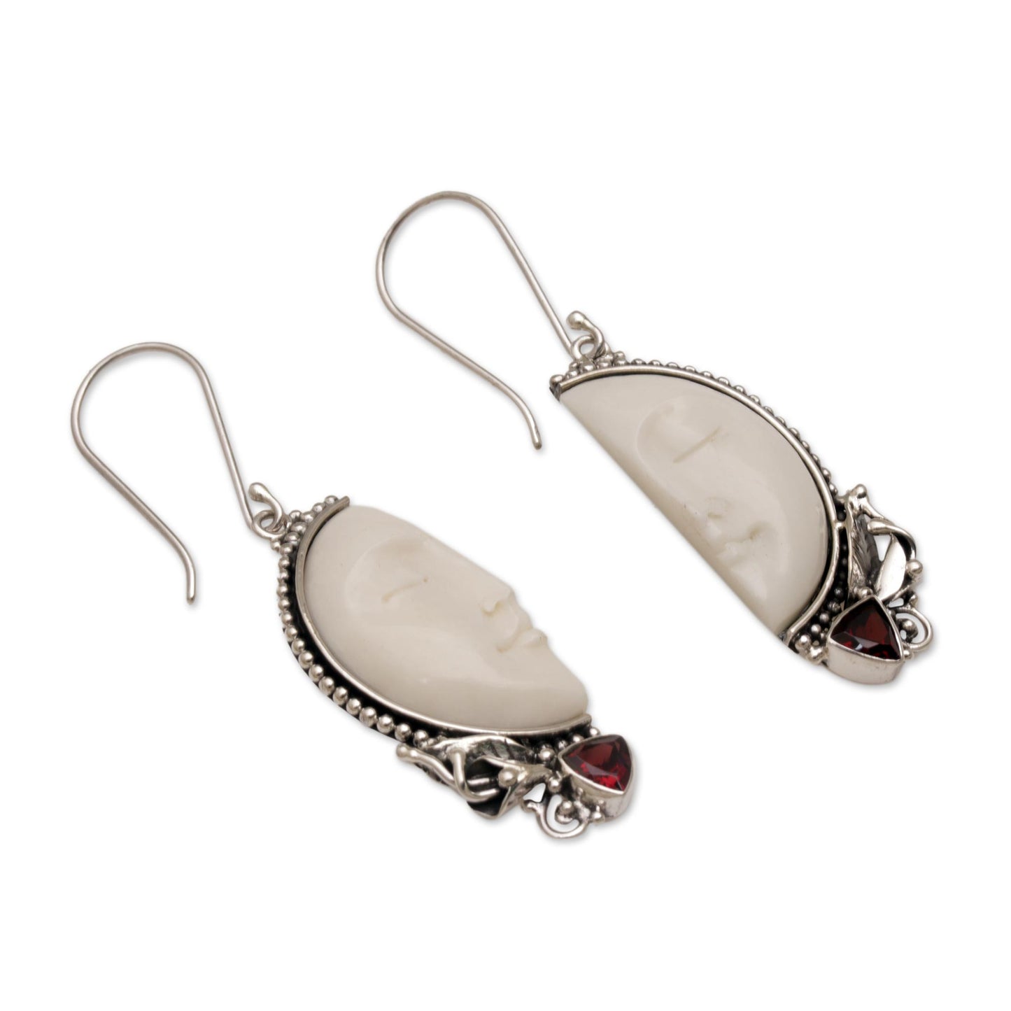 Half of My Soul Garnet Silver & Bone Dangle Earrings