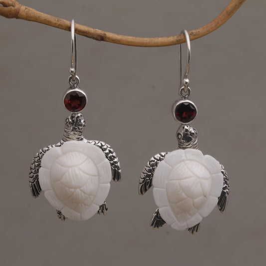 Kurma Turtles Garnet Silver & Bone Dangle Earrings