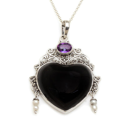 Love Like Midnight Amethyst Cultured Pearl Silver Black Bone Heart Necklace