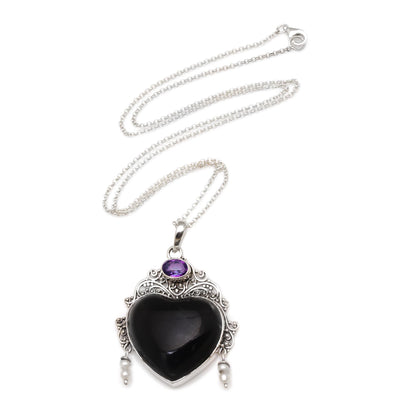 Love Like Midnight Amethyst Cultured Pearl Silver Black Bone Heart Necklace