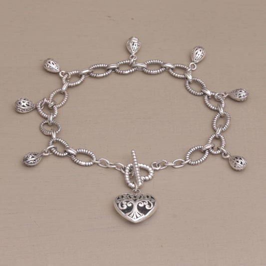 The Garden in my Heart Romantic Sterling Silver Link Bracelet with Heart Charm