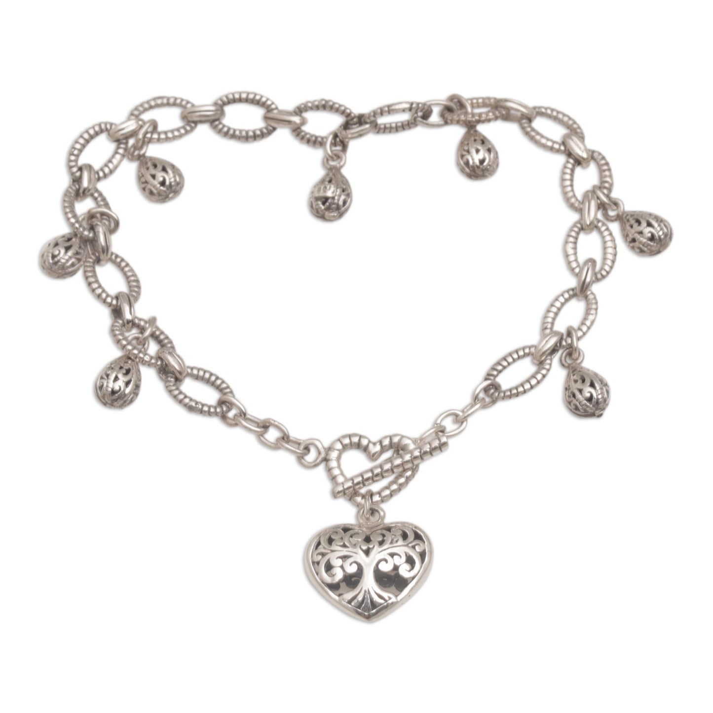 The Garden in my Heart Romantic Sterling Silver Link Bracelet with Heart Charm