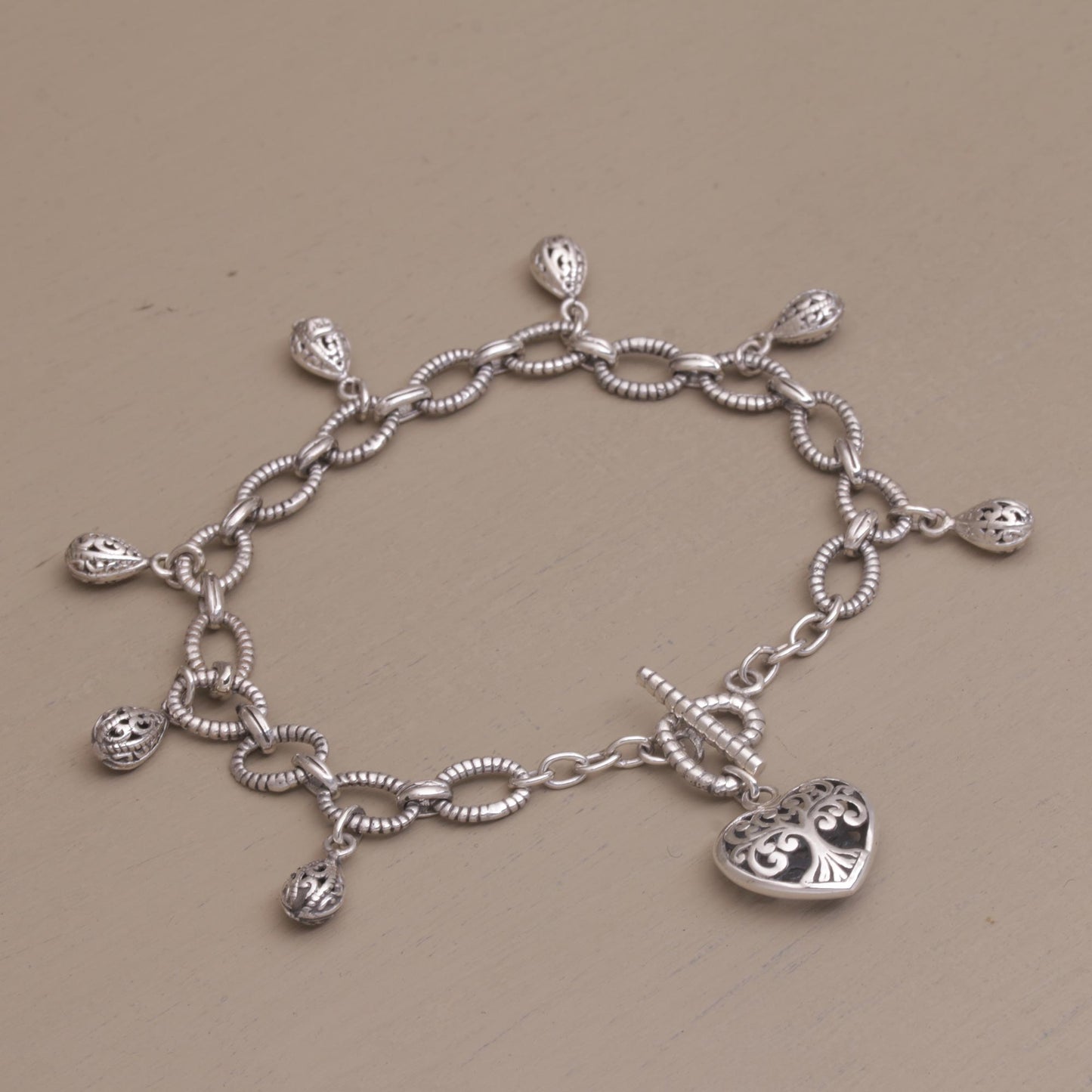 The Garden in my Heart Romantic Sterling Silver Link Bracelet with Heart Charm