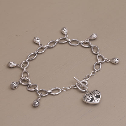 The Garden in my Heart Romantic Sterling Silver Link Bracelet with Heart Charm