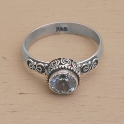 Spiral Crown Blue Topaz and Sterling Silver Solitaire Ring from Bali