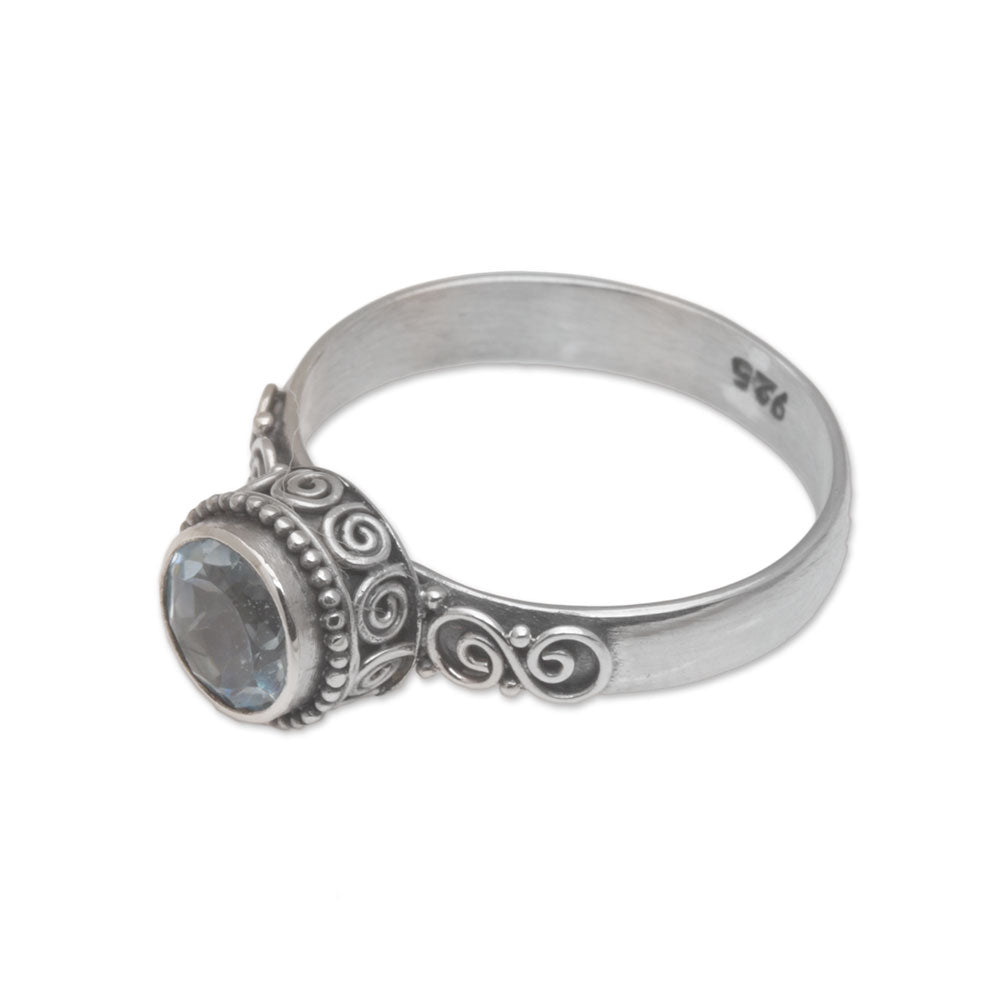 Spiral Crown Blue Topaz and Sterling Silver Solitaire Ring from Bali