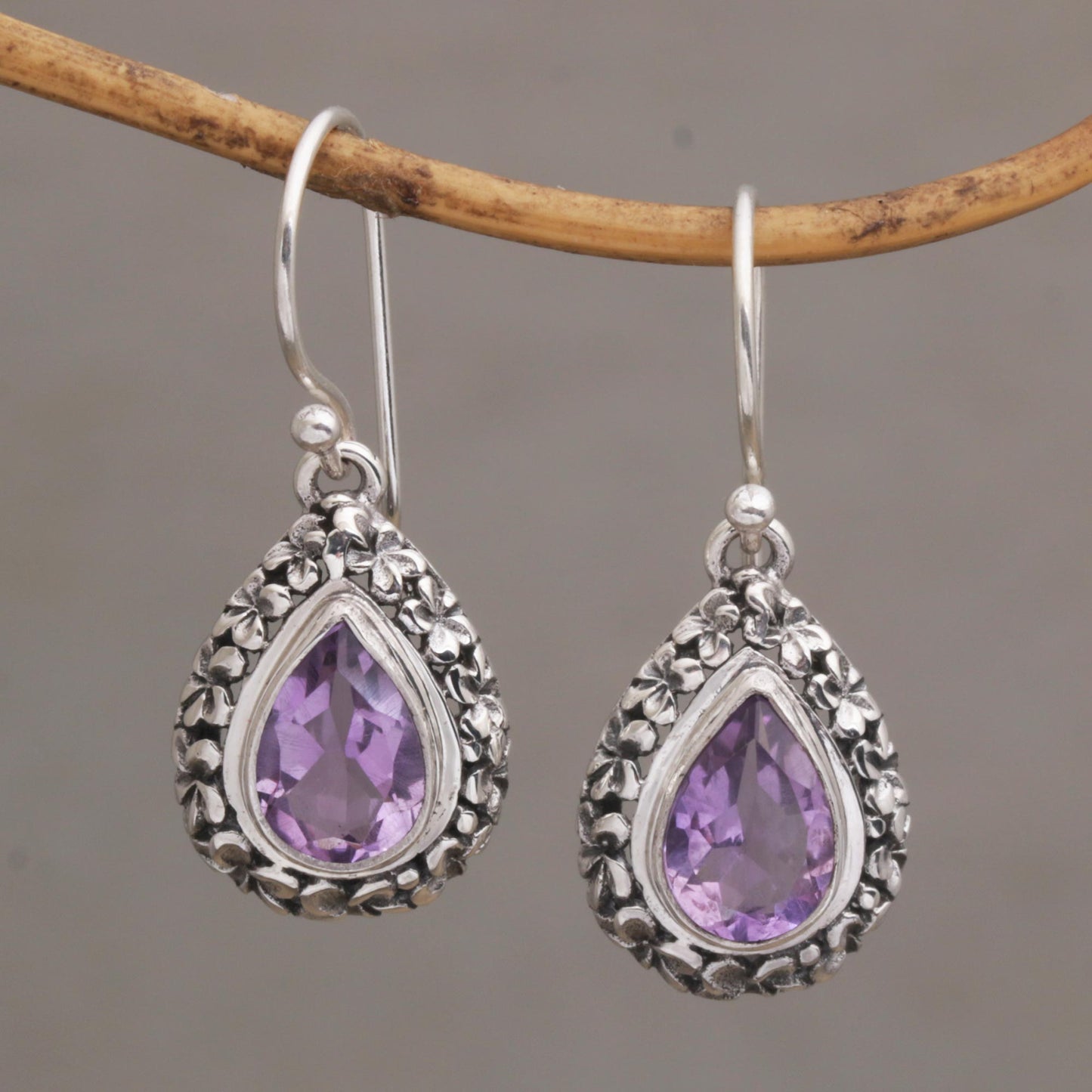 Jepun Lilac Frangipani Flower Dangle Earrings with Amethyst Gems