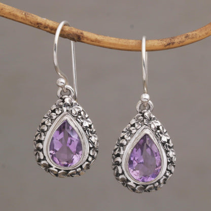 Jepun Lilac Frangipani Flower Dangle Earrings with Amethyst Gems