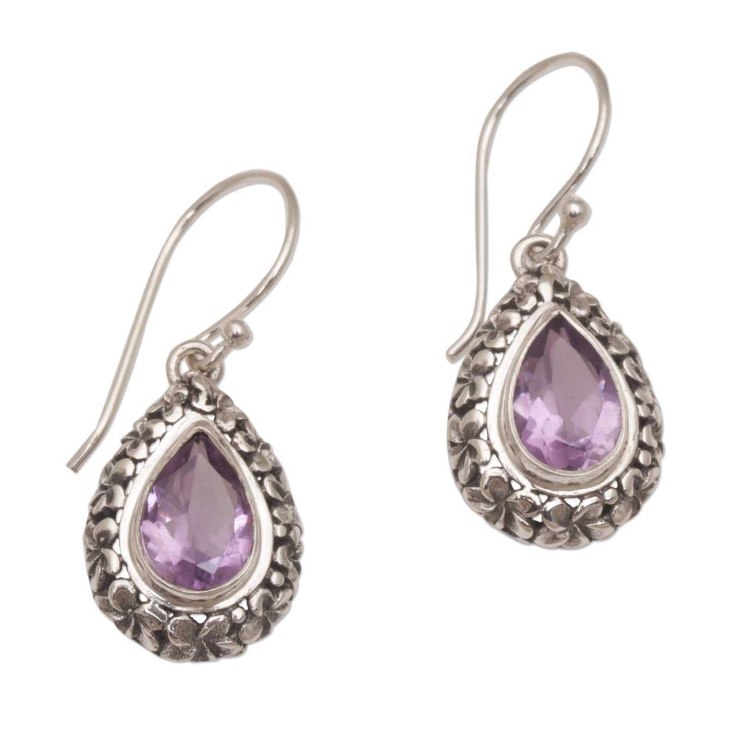 Jepun Lilac Frangipani Flower Dangle Earrings with Amethyst Gems