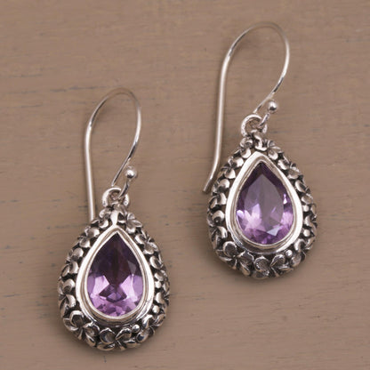 Jepun Lilac Frangipani Flower Dangle Earrings with Amethyst Gems