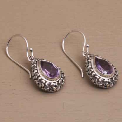 Jepun Lilac Frangipani Flower Dangle Earrings with Amethyst Gems