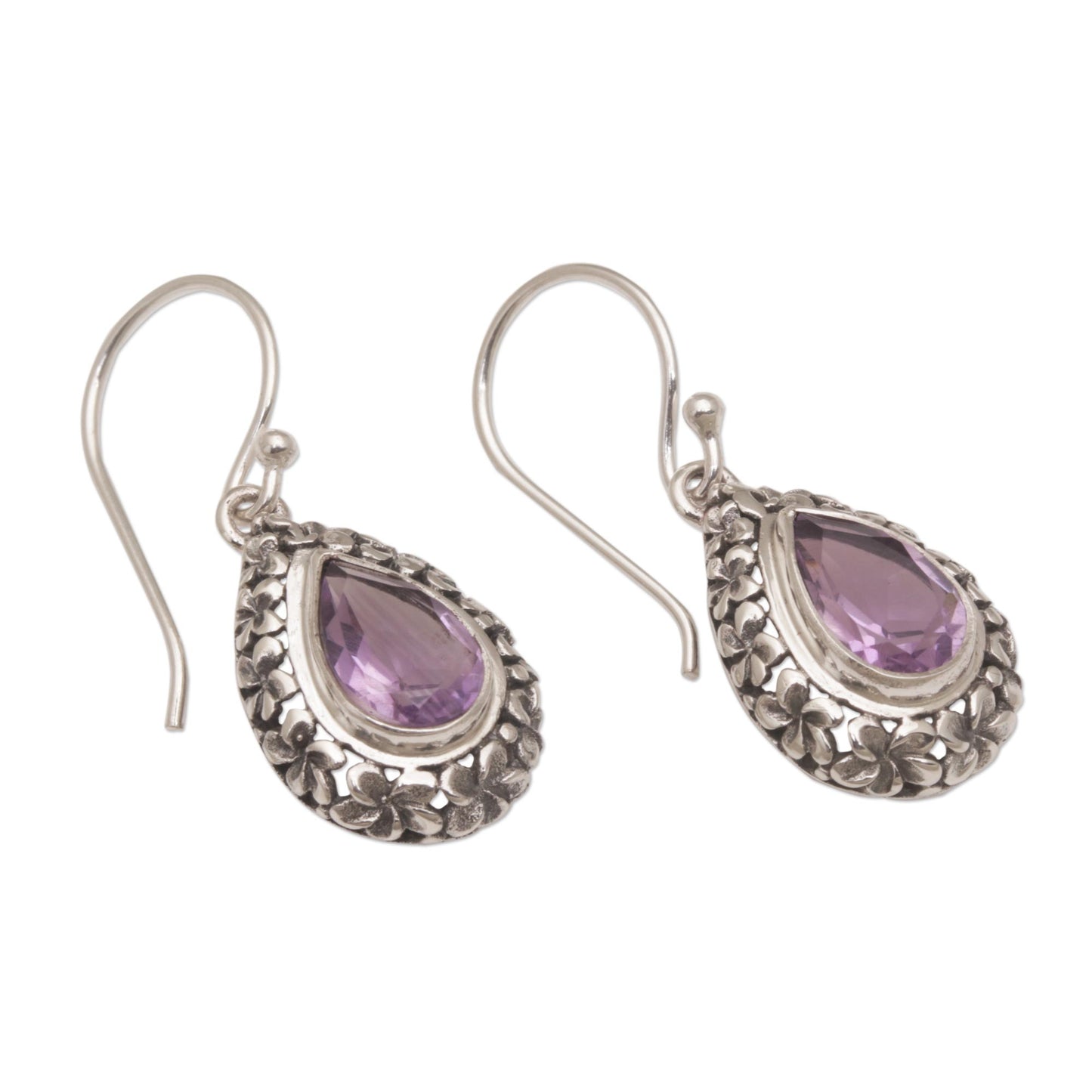 Jepun Lilac Frangipani Flower Dangle Earrings with Amethyst Gems