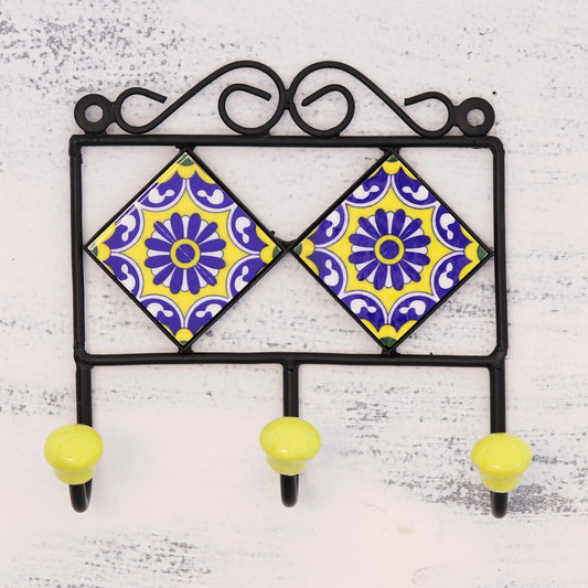 Royal Blossoms Painted Floral Ceramic Coat Rack in Yellow from India