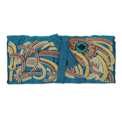 Royal Peacock Peacock Theme Turquoise Embroidered Silk Jewelry Roll