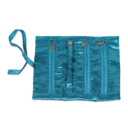 Royal Peacock Peacock Theme Turquoise Embroidered Silk Jewelry Roll