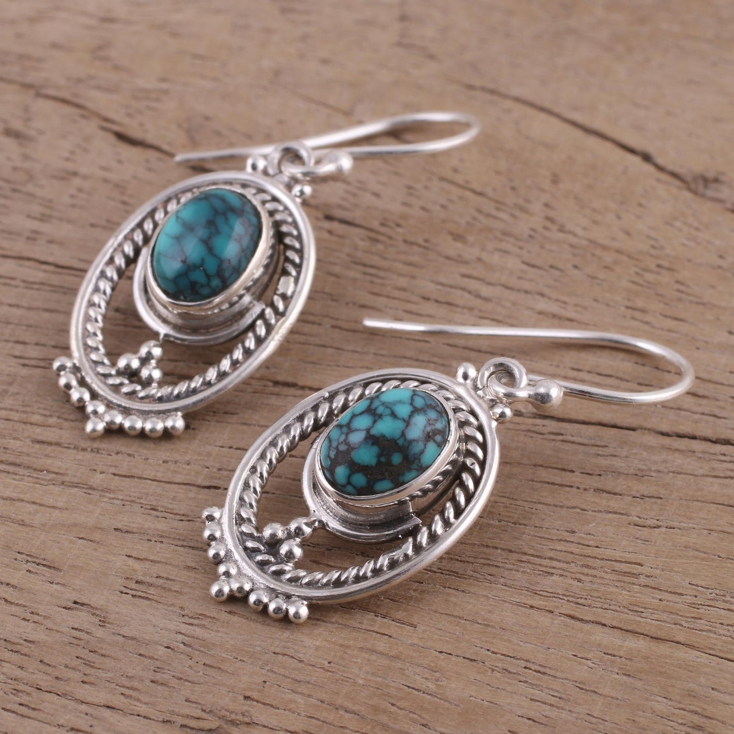 Majestic Ovals Oval Silver and Composite Turquoise Earrings from India