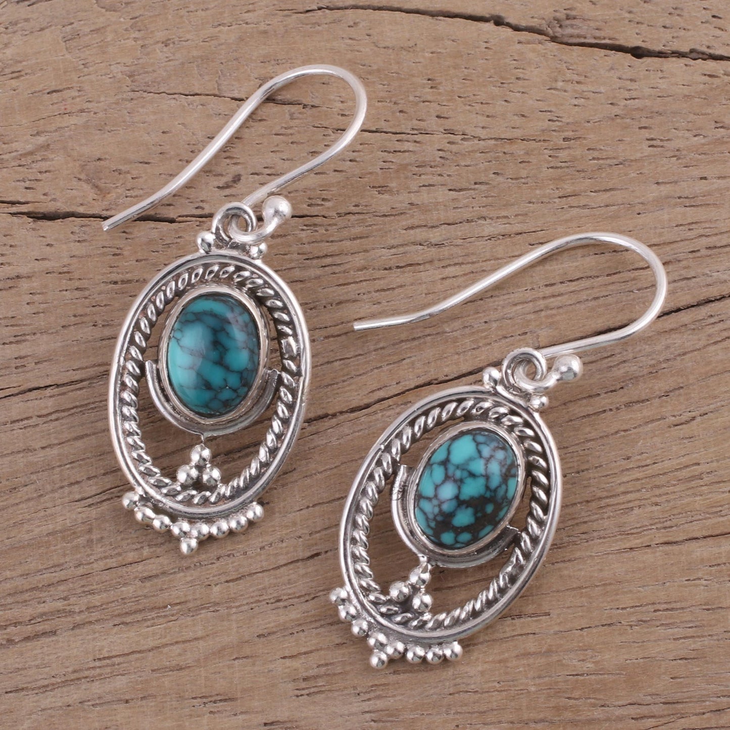 Majestic Ovals Oval Silver and Composite Turquoise Earrings from India