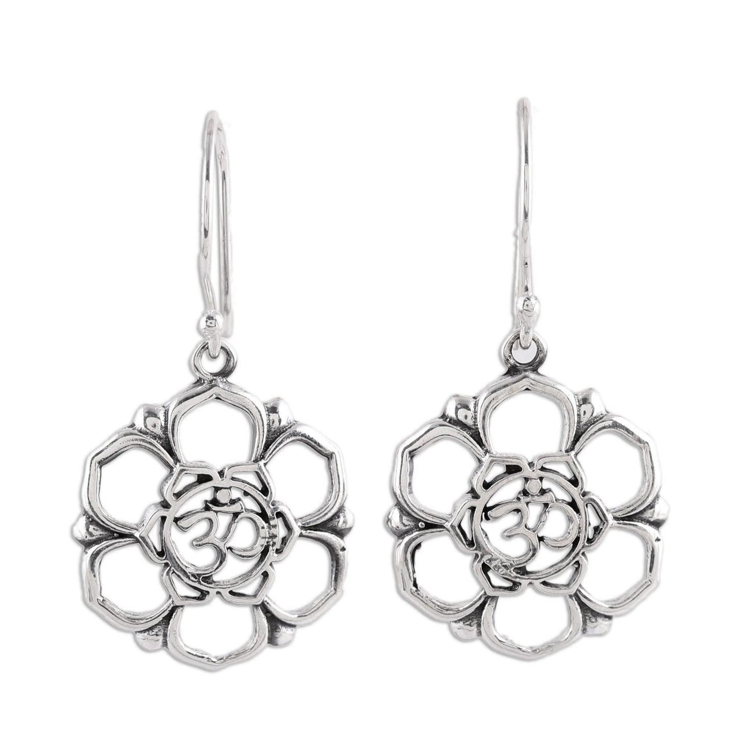 Floral Om Sterling Silver Floral Om Symbol Dangle Earrings