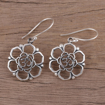 Floral Om Sterling Silver Floral Om Symbol Dangle Earrings