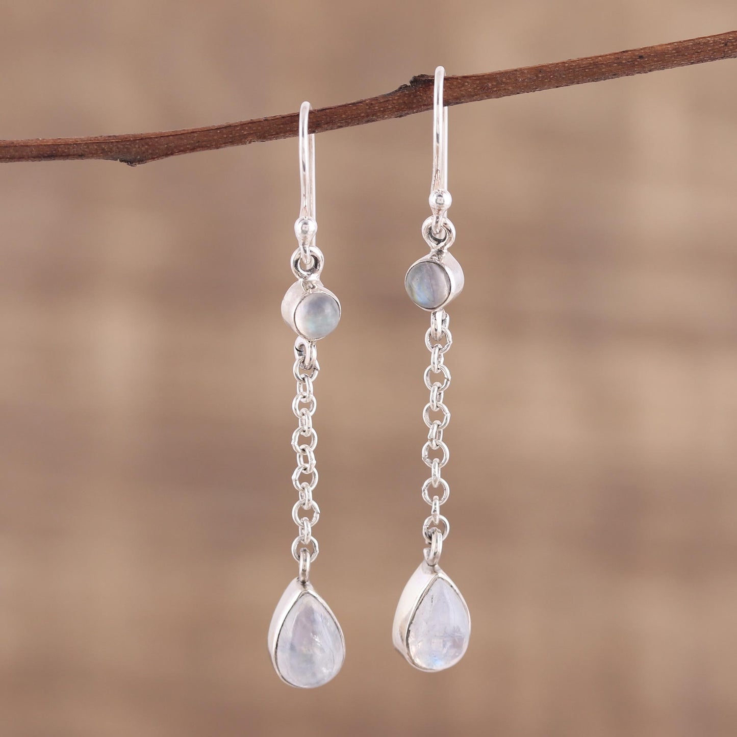 Glistening Teardrops Teardrop Rainbow Moonstone Dangle Earrings from India